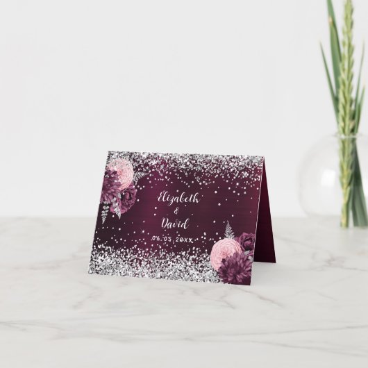 Bourgondische zilveren bloemen trouwkaart kaart (Voorkant)