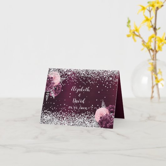 Bourgondische zilveren bloemen trouwkaart kaart (Gele Bloem)