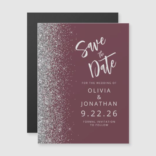 Bourgondische zilveren bruiloft Save the Date Magnetische Uitnodiging (Voorkant / Achterkant)