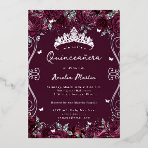 Bourgondische Zilveren Krul Bloemige Quinceanera Folie Uitnodiging
