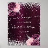 Bourgondische zilveren roze bloemen welkom bruilof poster (Voorkant)