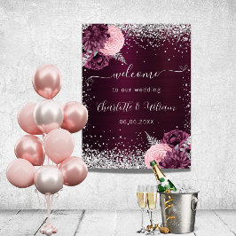 Bourgondische zilveren roze bloemen welkom bruilof poster