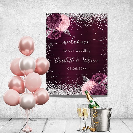 Bourgondische zilveren roze bloemen welkom bruilof poster