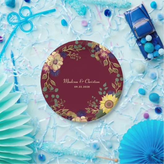 Bourgondische zonnebloem rustieke bruiloft papieren bordje (Feest)