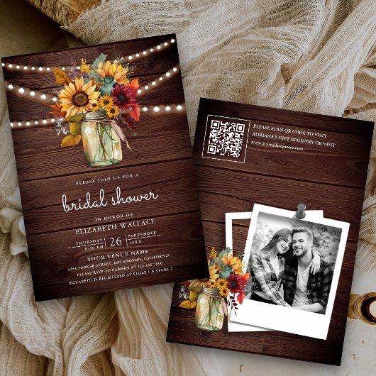 Bourgondische zonnebloemen Hout QR Code Bruiloftsu Kaart