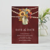 Bourgondische zonnebloemen QR-code trouwfoto Save The Date (Staand voorkant)