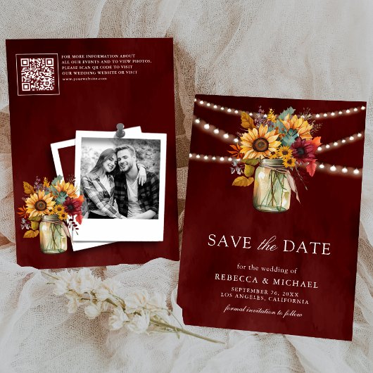 Bourgondische zonnebloemen QR-code trouwfoto Save The Date