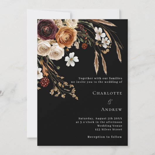 Bourgondische zwarte beige pampas bloemen luxe bru kaart (Voorkant)