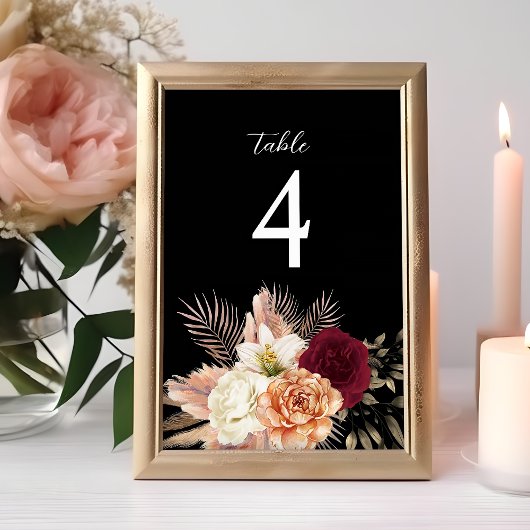Bourgondische Zwarte Bloem Bruiloft Tafel Nummer Kaart