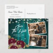 Bourgundy en Blauwgroen sparen de Datum Foto Brief Aankondigingskaart (Voorkant / Achterkant)