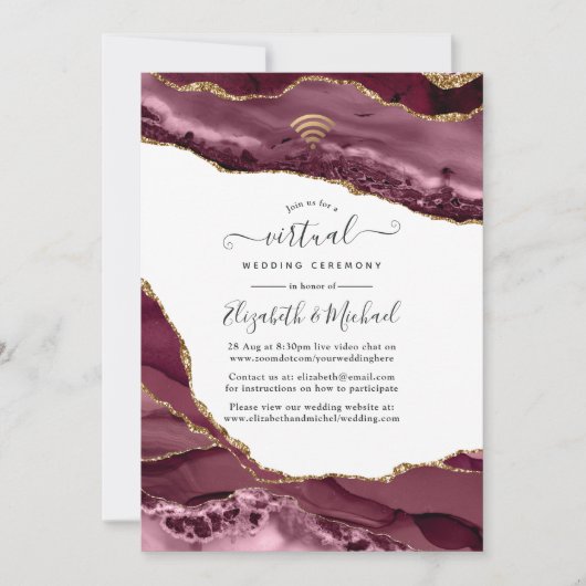 Bourgundy en Gold Agate Online Virtual Wedding Kaart (Voorkant)