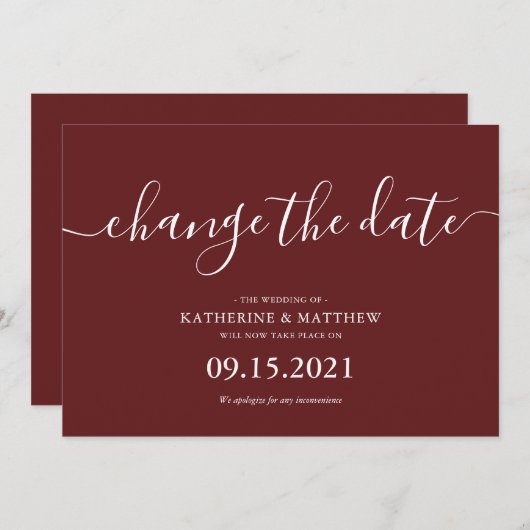 Bourgundy Typografie Hercheduled Wedding Save The Date (Voorkant / Achterkant)