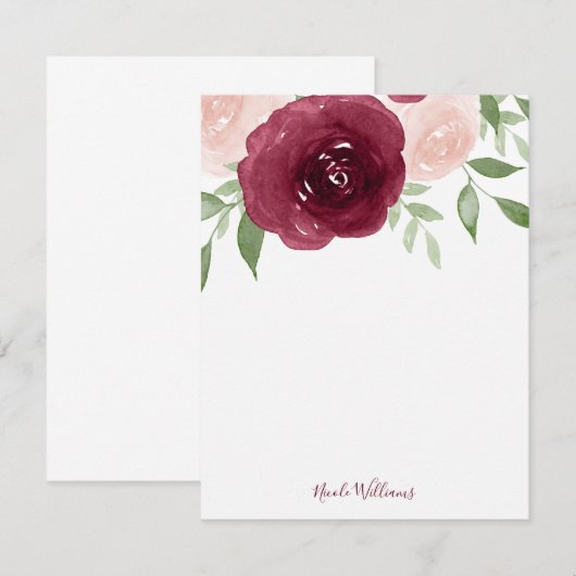 Bourgundy Waterverf Floral gepersonaliseerd Notitiekaartje (Voorkant / Achterkant)
