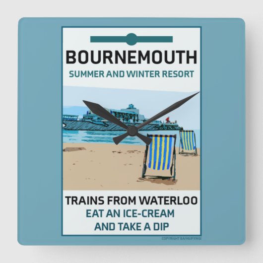 Bournemouth  Retro Seaside Vierkante Klok (Voorkant)