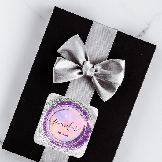 Boutique Shop Glitter Paars Silver Pink Vierkante Sticker