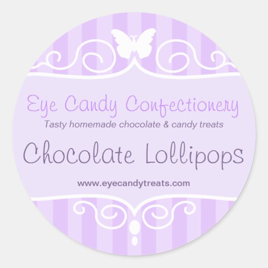 Boutique snoep shop paarse voedselronde stickers (Voorkant)