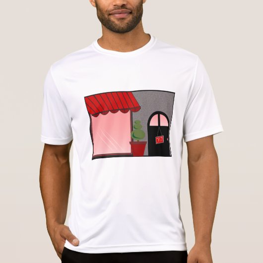 Boutique Storefront Red Black Topiary Open T-shirt (Voorkant)