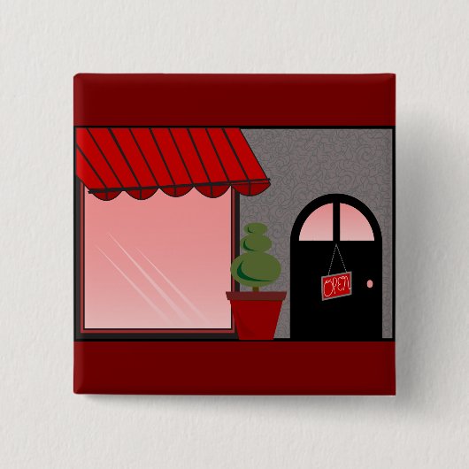 Boutique Storefront Red Black Topiary Open Vierkante Button 5,1 Cm (Voorkant)