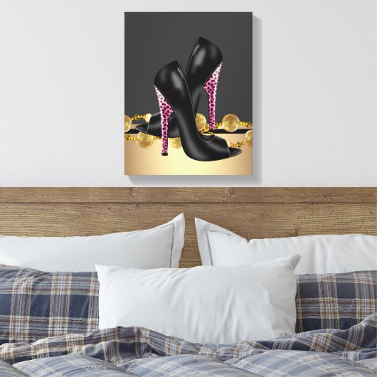 Boutique Zwart en Roze Leopard High Heel Schoenen Canvas Afdruk (Insitu (Slaapkamer))