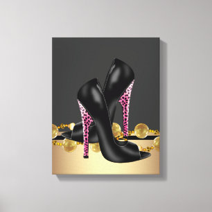 Boutique Zwart en Roze Leopard High Heel Schoenen Canvas Afdruk