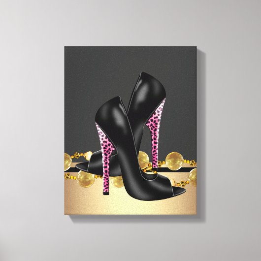 Boutique Zwart en Roze Leopard High Heel Schoenen Canvas Afdruk (Voorkant)