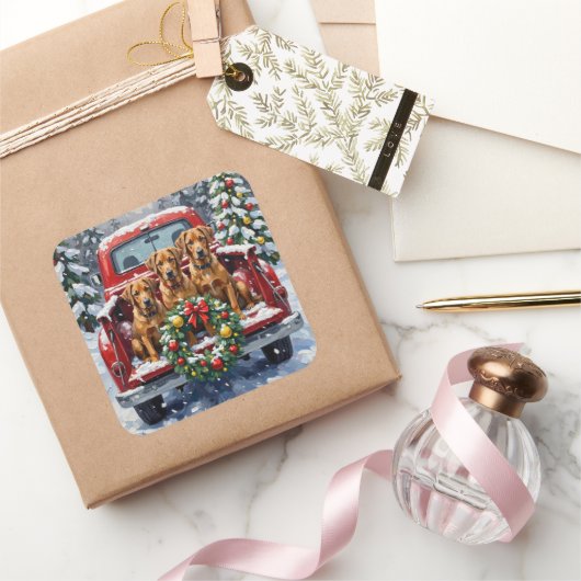 Bouvier des Flandres Christmas Red Truck Holiday Vierkante Sticker (Geschenken)