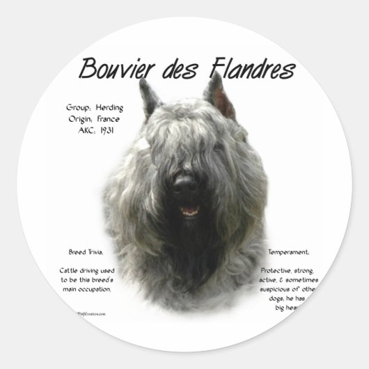 Bouvier des Flandres History Design Ronde Sticker (Voorkant)