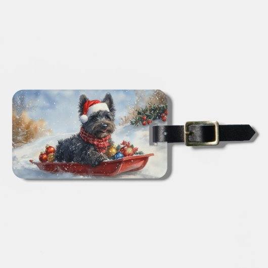 Bouviers des Flandres Hond in Sledge Kerstmis Bagagelabel (Voorkant horizontaal)