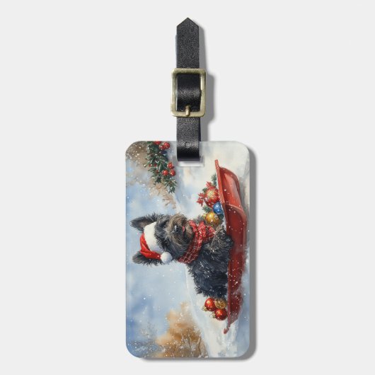 Bouviers des Flandres Hond in Sledge Kerstmis Bagagelabel (Voorkant verticaal)