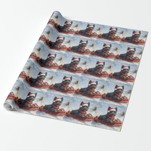 Bouviers des Flandres Hond in Sledge Kerstmis Cadeaupapier (Uitgerold)