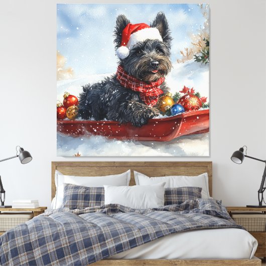 Bouviers des Flandres Hond in Sledge Kerstmis Canvas Afdruk (Insitu (Slaapkamer))