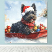 Bouviers des Flandres Hond in Sledge Kerstmis Canvas Afdruk (Insitu (Houten vloer))