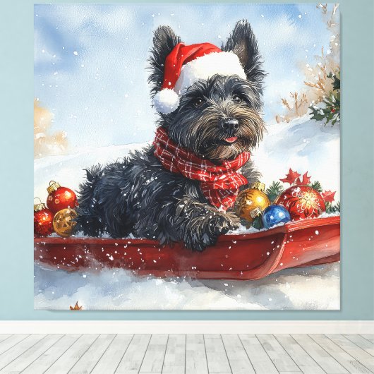Bouviers des Flandres Hond in Sledge Kerstmis Canvas Afdruk (Insitu (Houten vloer))