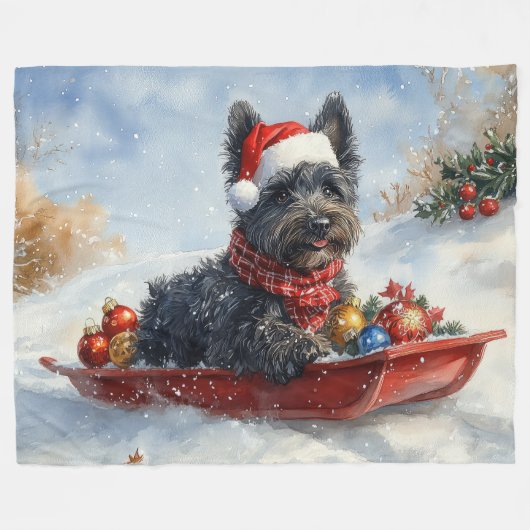 Bouviers des Flandres Hond in Sledge Kerstmis Fleece Deken (Voorkant (Horizontaal))