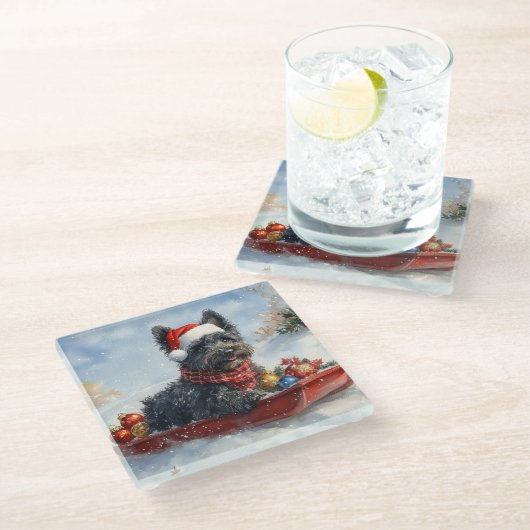 Bouviers des Flandres Hond in Sledge Kerstmis Glazen Onderzetter (Schuin)