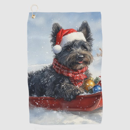 Bouviers des Flandres Hond in Sledge Kerstmis Golfhanddoek (Voorkant)