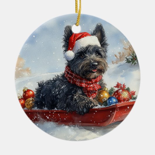 Bouviers des Flandres Hond in Sledge Kerstmis Keramisch Ornament (Voorkant)