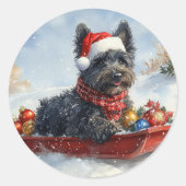 Bouviers des Flandres Hond in Sledge Kerstmis Ronde Sticker (Voorkant)