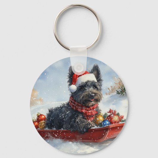 Bouviers des Flandres Hond in Sledge Kerstmis Sleutelhanger (Voorkant)
