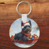 Bouviers des Flandres Hond in Sledge Kerstmis Sleutelhanger (Achterkant)