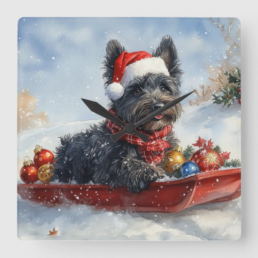 Bouviers des Flandres Hond in Sledge Kerstmis Vierkante Klok (Voorkant)