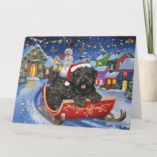Bouviers des Flandres Hond in Sleigh Sneeuw Kerstm Kaart (Voorkant)