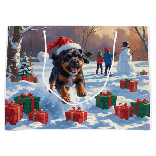 Bouviers des Flandres Kerst Feestelijke Sneeuwscèn Groot Cadeauzakje (Voorkant)