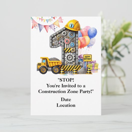 Bouw 1e verjaardag feest kaart (Staand voorkant)