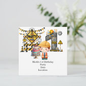 Bouw 1e verjaardag feest save the date (Staand voorkant)