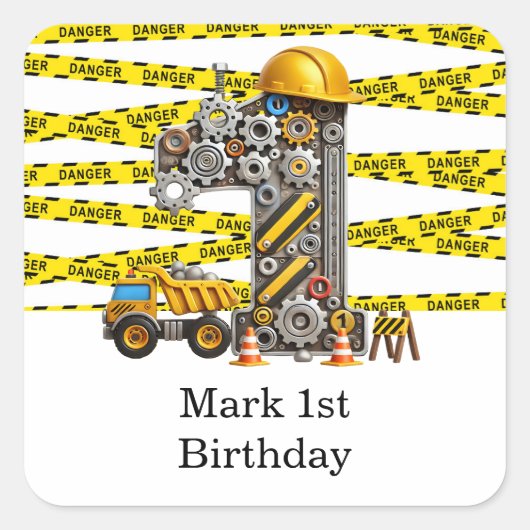 Bouw 1e verjaardag feest vierkante sticker (Voorkant)