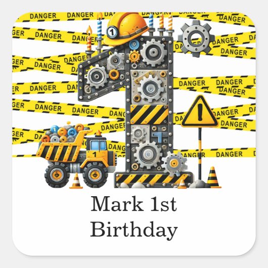 Bouw 1e verjaardag feest vierkante sticker (Voorkant)