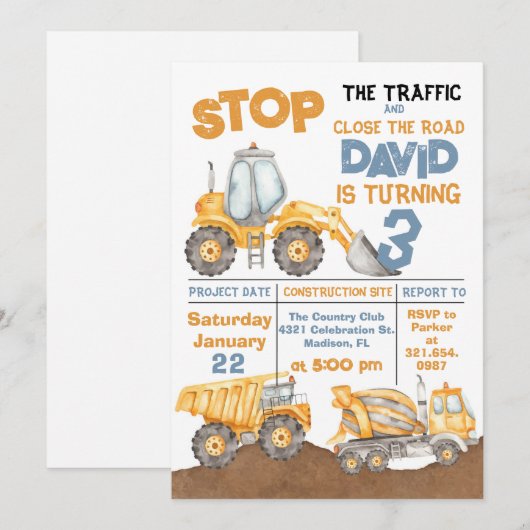 Bouw 3e verjaardag Dump Truck Party Kaart (Voorkant / Achterkant)