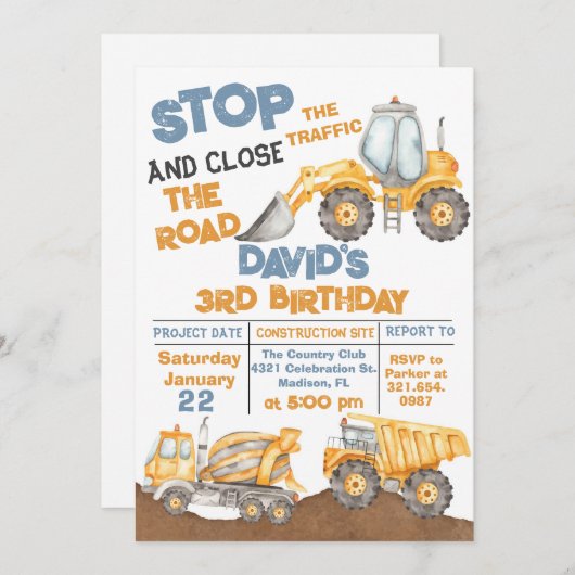 Bouw 3e verjaardag Dump Truck Party Kaart (Voorkant / Achterkant)