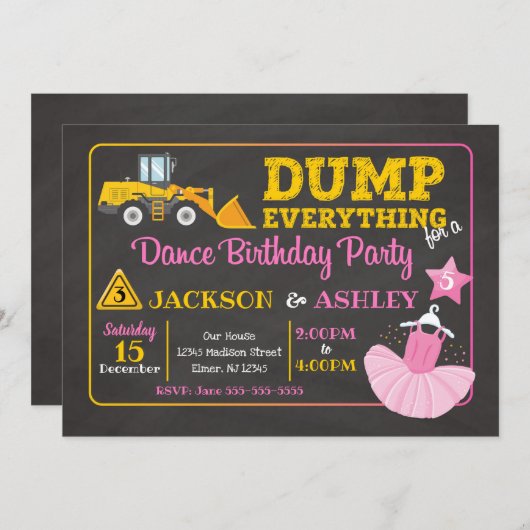 Bouw & Ballerina gezamenlijke verjaardagsuitnodigi Kaart (Voorkant / Achterkant)